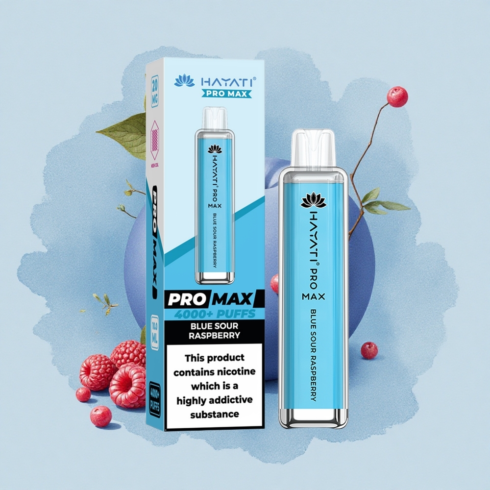 Hayati Pro Max 4000 Puffs Синьо Кисел Малинов с Кристален Външен Вид и Двойна Мрежеста Намотка